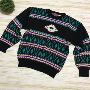 Vintage‎ Cameo Rose Southwestern Western Turquoise Cowboy Cowgirl Sweater Large